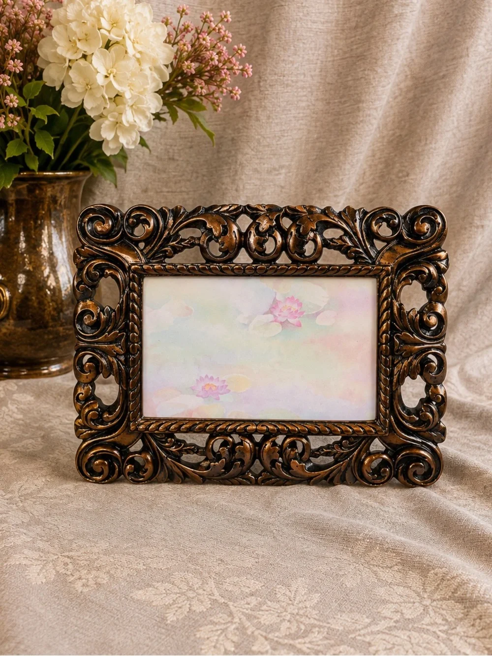 Ornate Bronze Picture Frame Scrollwork Baroque Tabletop Photo Frame Decor Resin